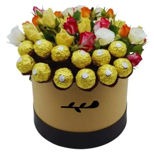 Caja pote flores rosas spray y bombones rocher